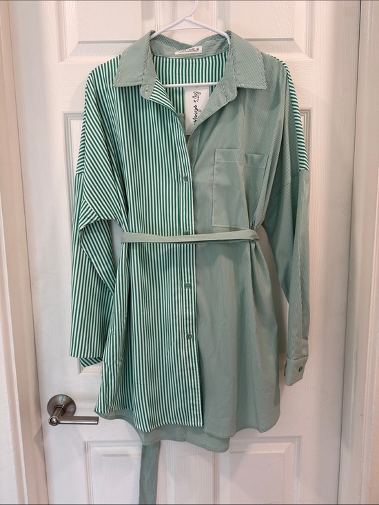 12th Tribe Dresses & Skirts - 12th Tribe Green Striped and Solid Button-Down Shirt with Belt